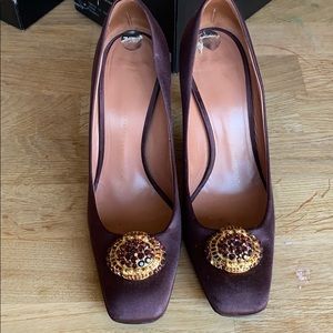 Purple/brown heels with gold and crystal broche